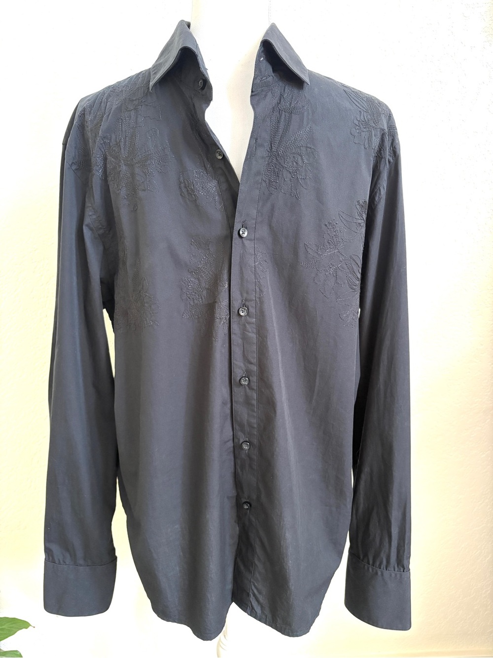 Kenneth Cole Men's Black Embroidered Long-Sleeve Cotton Button Shirt L